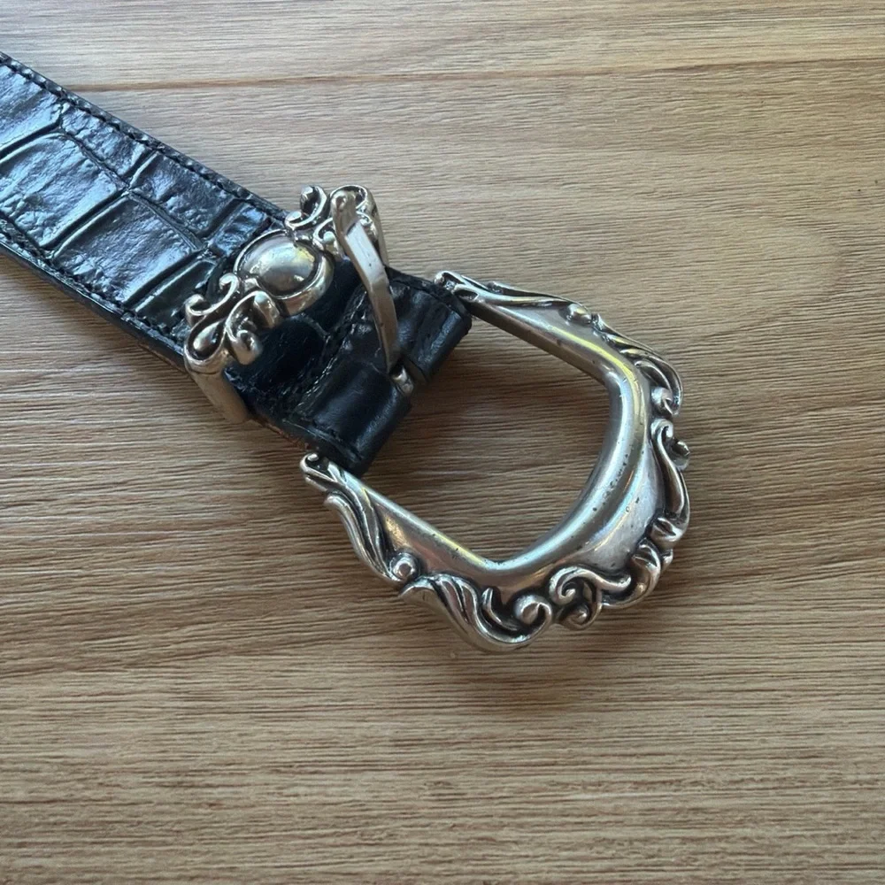 Black Croc-Embossed Western Belt with Silver Accents